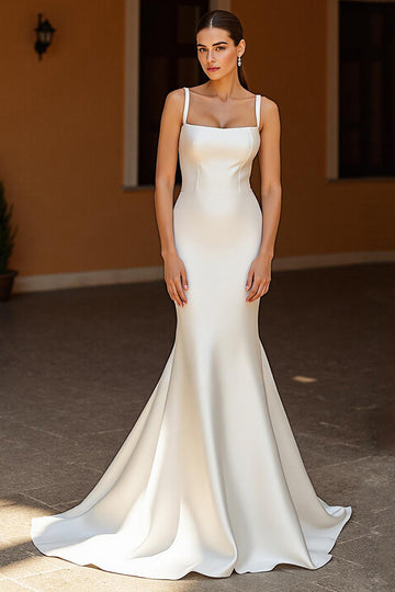 Ivory Court Train Satin Mermaid Square Neck Wedding Dress